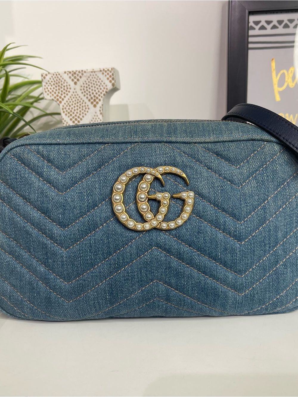 Gucci Denim GG Marmont Pearl-Embellished Crossbody Bag - Blue